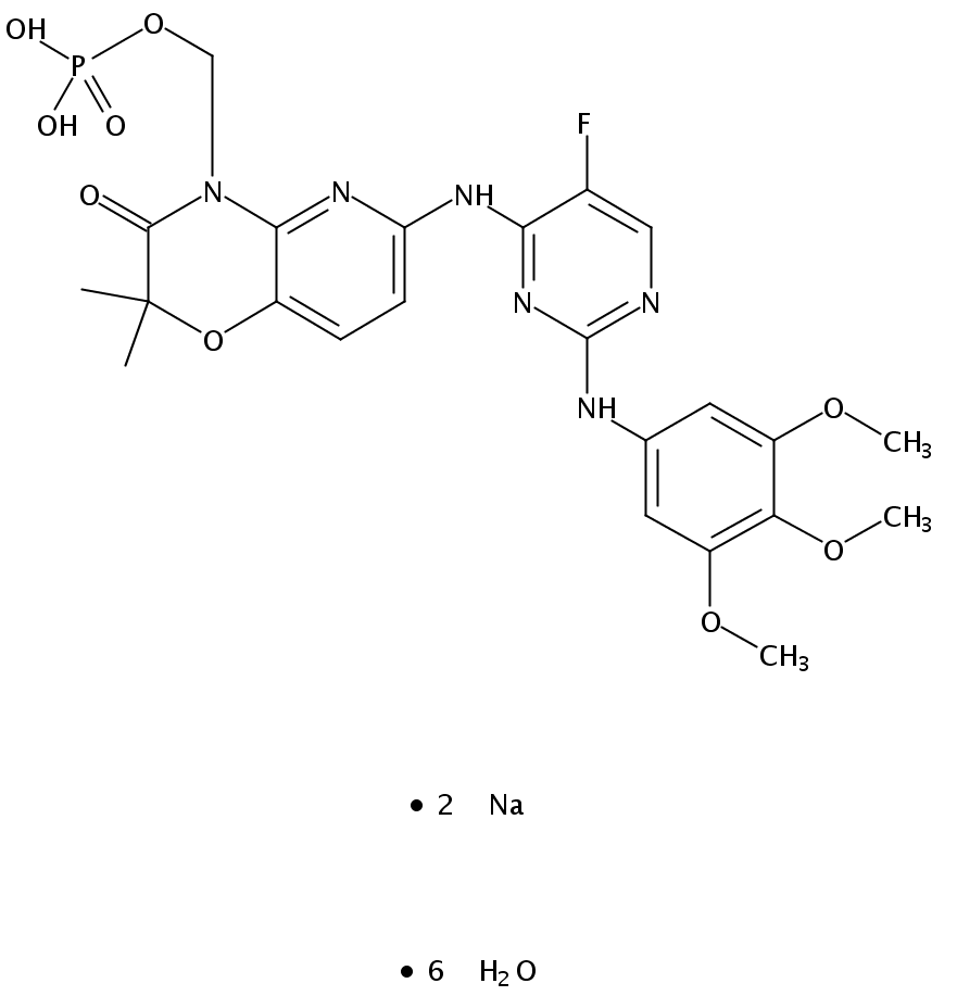 6-[[5-氟-2-[(3,4,5-三甲氧基苯基)氨基]-4-嘧啶基]氨基]-2,2-二甲基-4-[(磷酰氧)甲基]-2H-吡啶并[3,2-B]-1,4-恶嗪-3(4H)-酮二钠盐六水合物