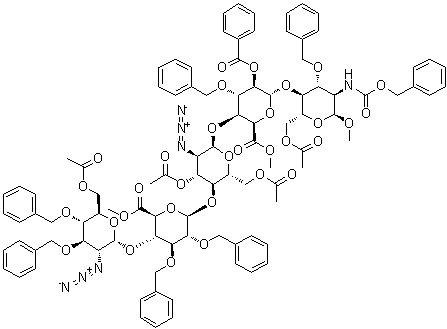 甲基 O-6-O-乙酰基-2-叠氮基-2-脱氧-3,4-二-O-苄基-alpha-D-吡喃葡萄糖基-(1→4)-O-6-甲基-2,3-二-O-苄基-beta-D-吡喃葡糖酸基-(1→4)-O-3,6-二-O-乙酰基-2-叠氮基-2-脱氧-alpha-D-吡喃葡萄糖基-(1→4)-O-2-O-苯甲酰基-6-甲基-3-O-苄基-alpha-L-吡喃艾杜糖基-(1→4)-2-脱氧-2-[[苄氧羰基]氨基]-3-O-苄基-alpha-D-吡喃葡萄糖苷 6-乙酸酯
