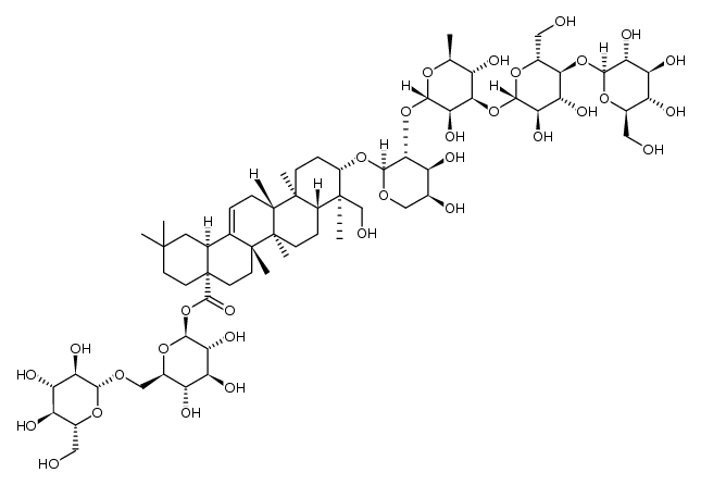 Olean-​12-​en-​28-​oic acid, 3-​[(O-​β-​D-​glucopyranosyl-​(1→4)​-​O-​β-​D-​glucopyranosyl-​(1→3)​-​O-​6-​deoxy-​α-​L-​mannopyranosyl-​(1→2)​-​α-​L-​arabinopyranosyl)​oxy]​-​23-​hydroxy-​, 6-​O-​β-​D-​glucopyranosyl-​β-​D-​glucopyranosyl ester, (3β,​4α)​-