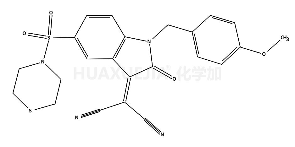 2-[1-[(4-methoxyphenyl)methyl]-2-oxo-5-thiomorpholin-4-ylsulfonylindol-3-ylidene]propanedinitrile