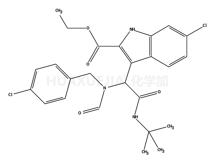 1H-​Indole-​2-​carboxylic acid, 6-​chloro-​3-​[1-​[[(4-​chlorophenyl)​methyl]​formylamino]​-​2-​[(1,​1-​dimethylethyl)​amino]​-​2-​oxoethyl]​-​, ethyl ester
